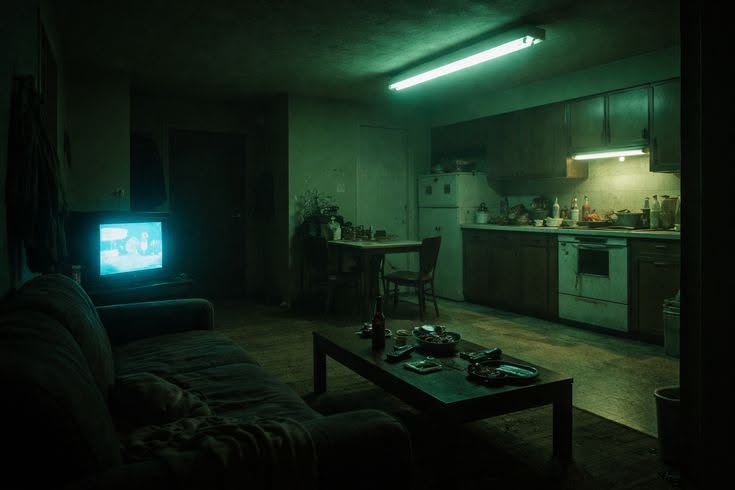 dark kitchen and living space illuminated by teal neon and glowing television